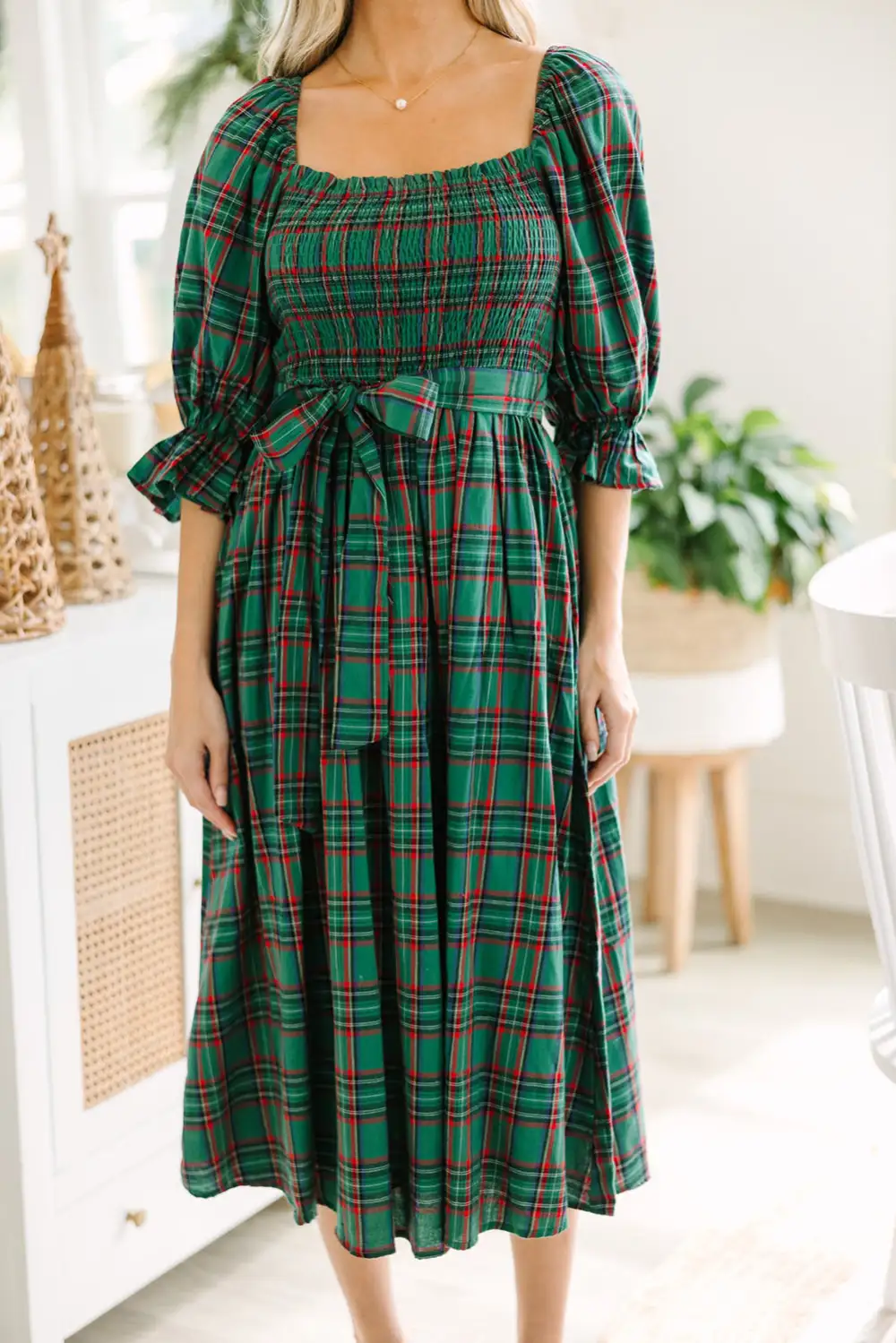 Finish Plaid Square Neck Puff Sleeve Midi Dress
