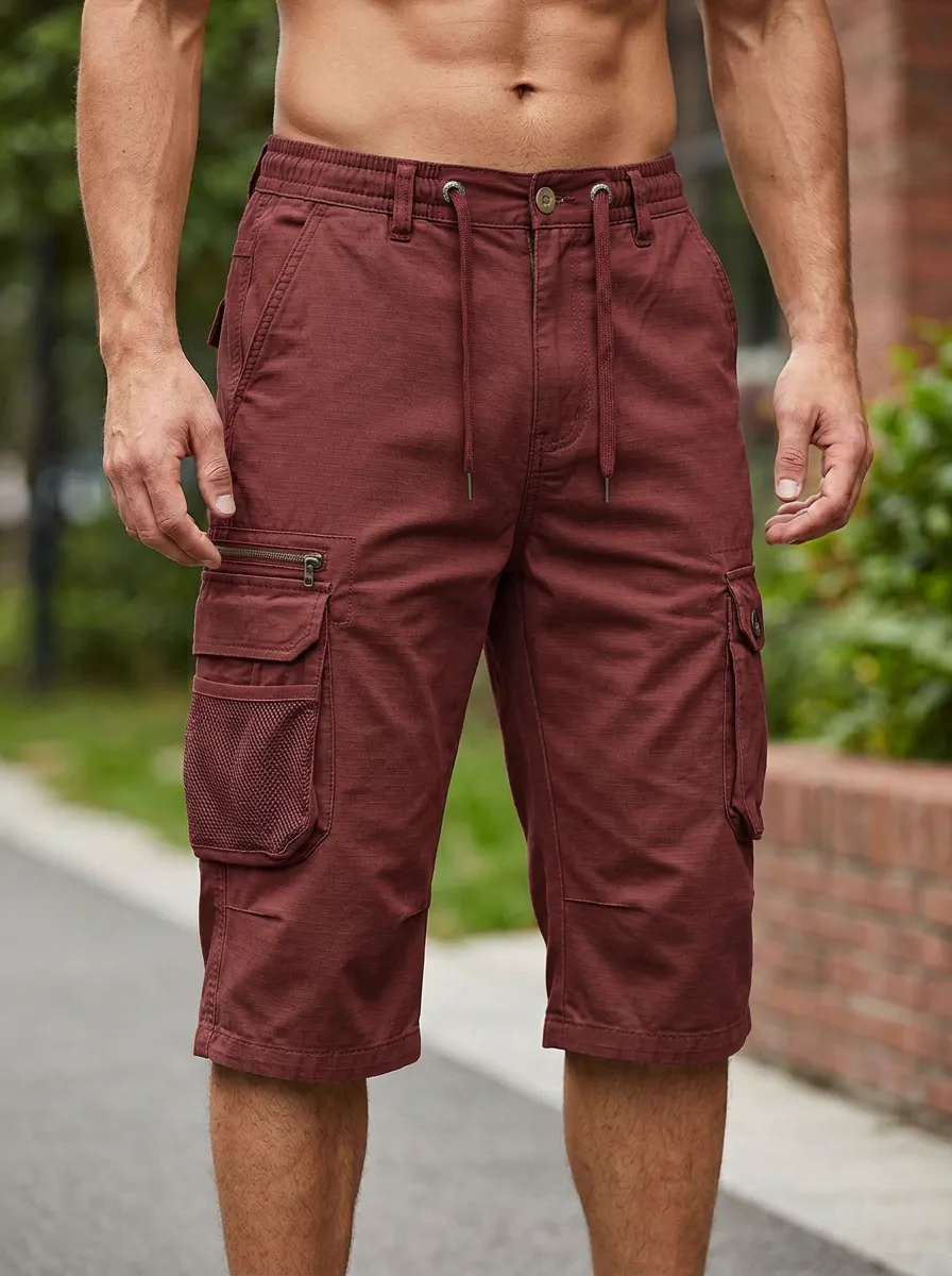 Men's Outdoor Tactical Khaki Multi-Pocket Cargo Shorts