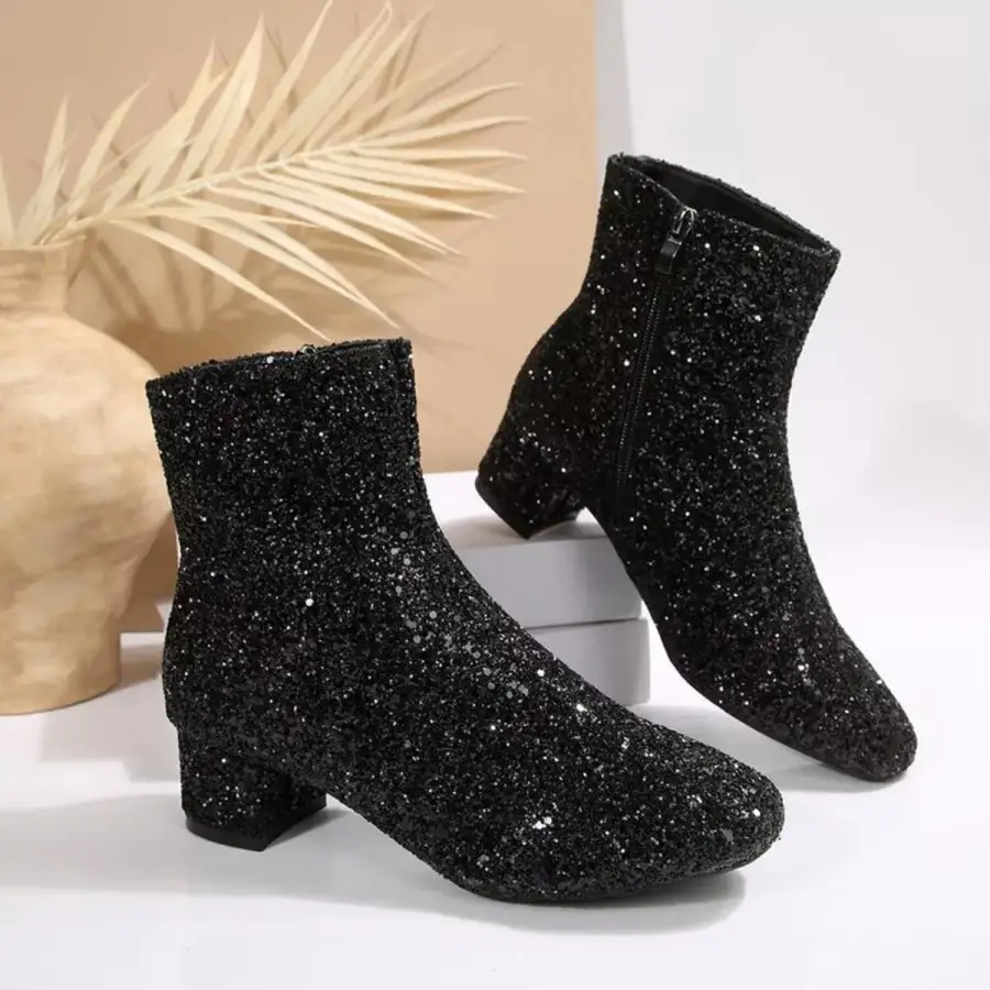 Sequin Block Heels Boots