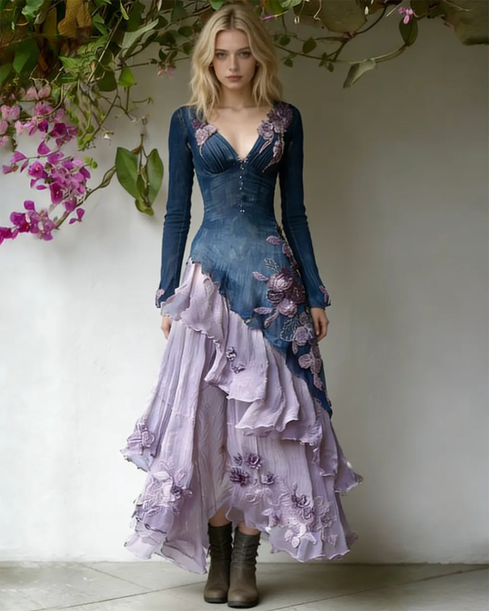 Women's Spring Elegant Flowers Irregular Ruffle Linen Dress