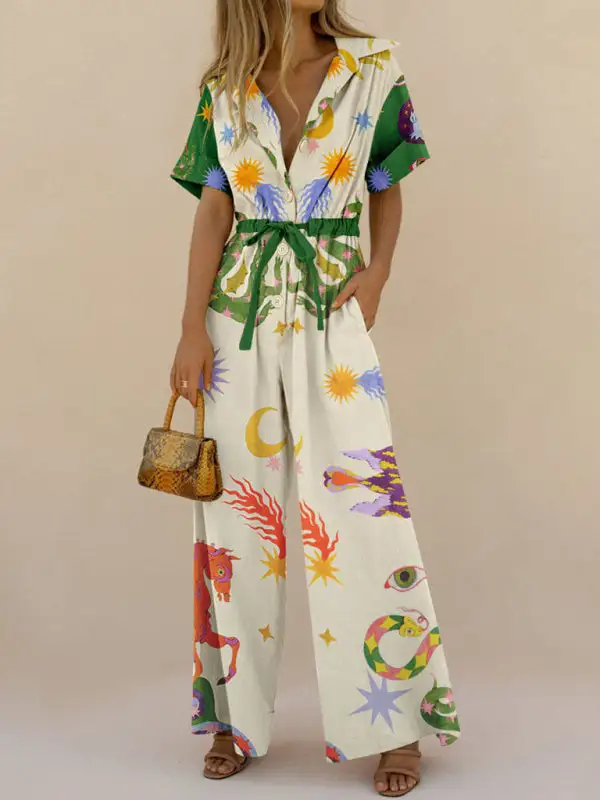 Street Printed Cotton Trousers Jumpsuit High Pants
