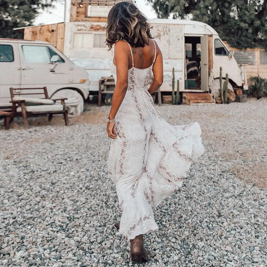 Sleeveless Strap Irregular Ruffles Boho White Maxi Dress
