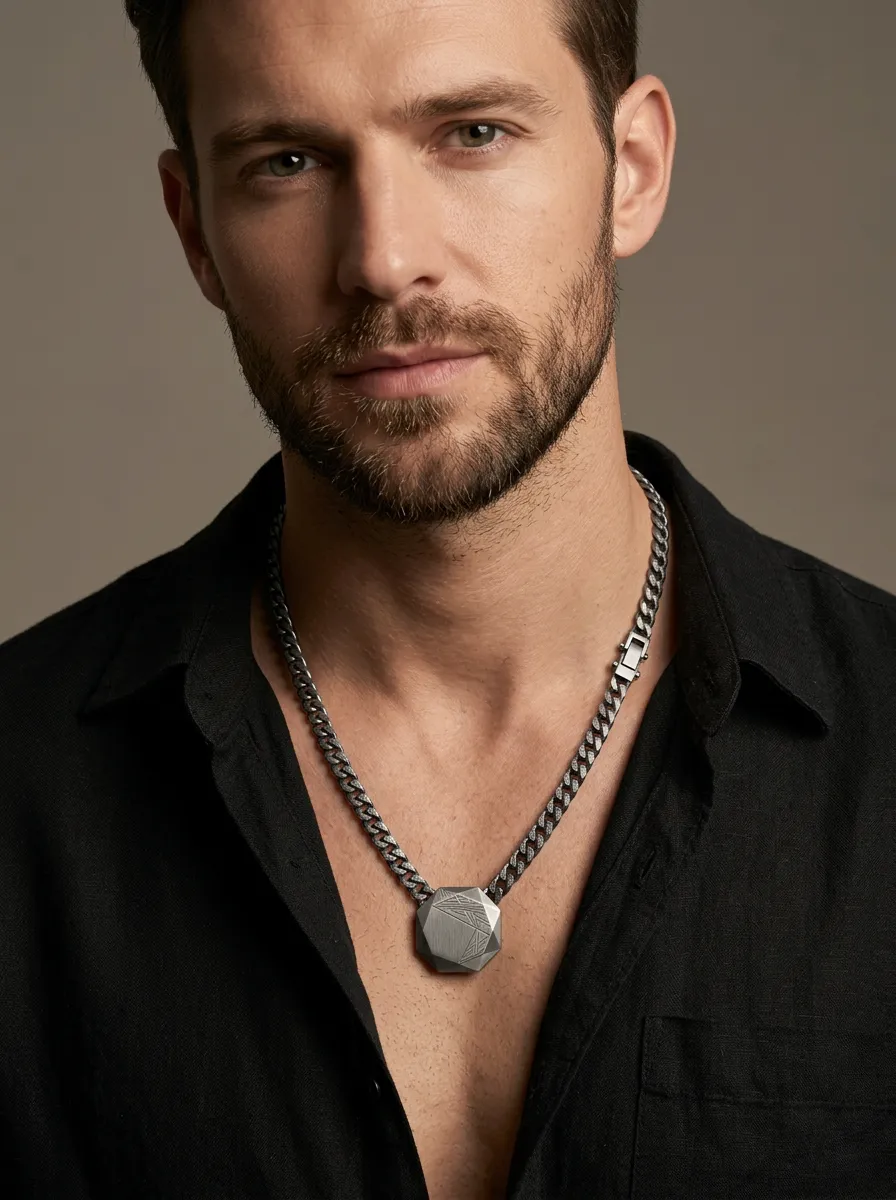 Men's Geometric Pendant Minimalist Engraved Curb Chain Necklace