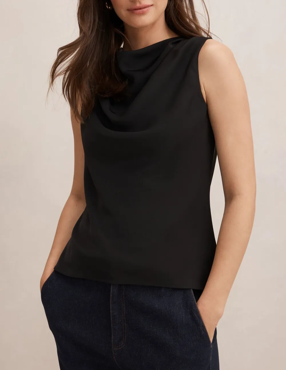 Black Sleeveless Draped Cowl Neck Top