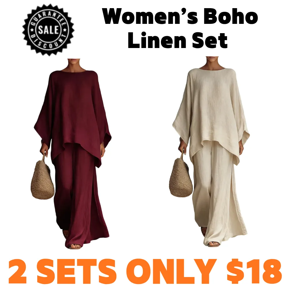 Boho Linen Summer Two-Piece Set – Wide Leg Pants & Batwing Top