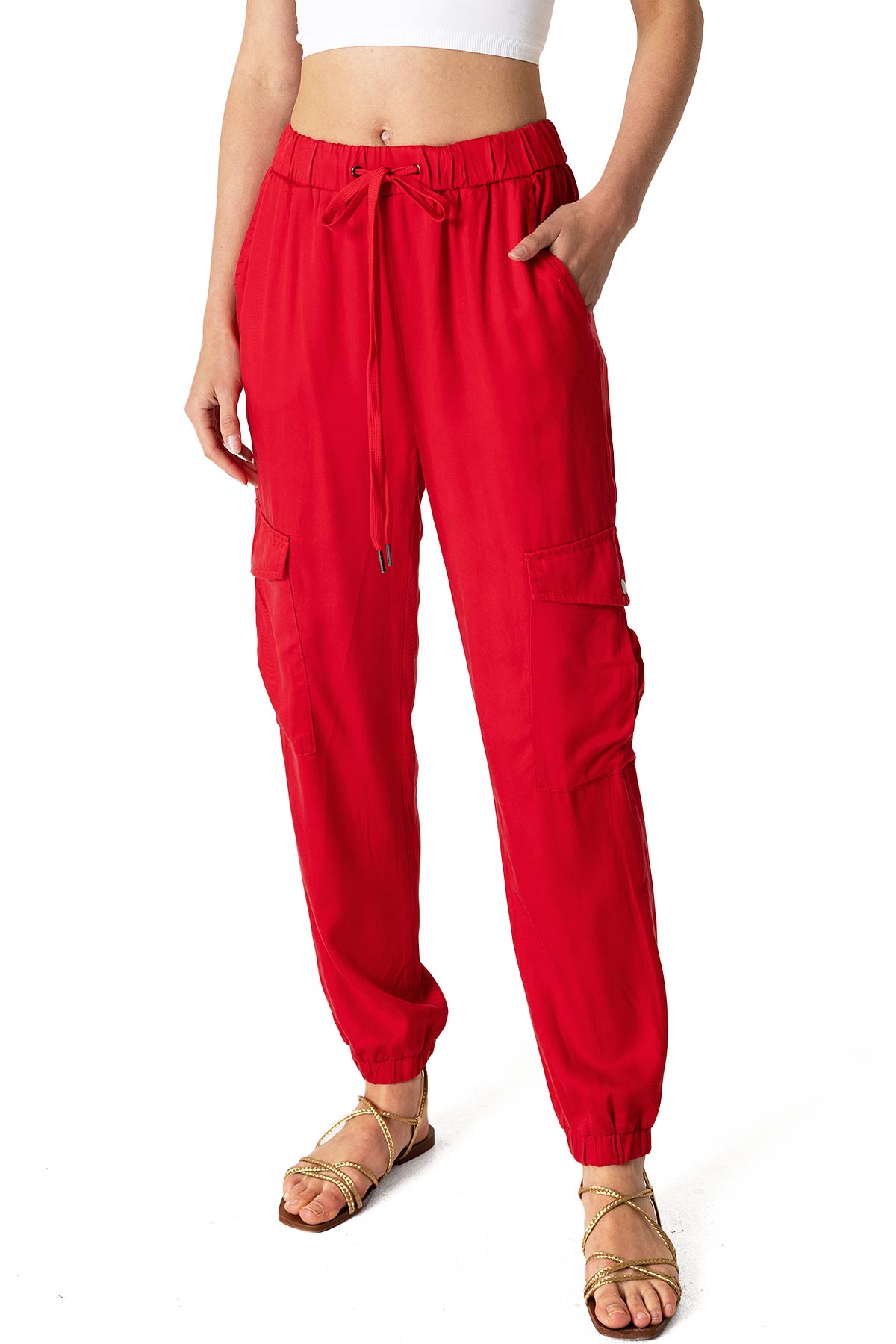 Red Drawstring Cargo Joggers