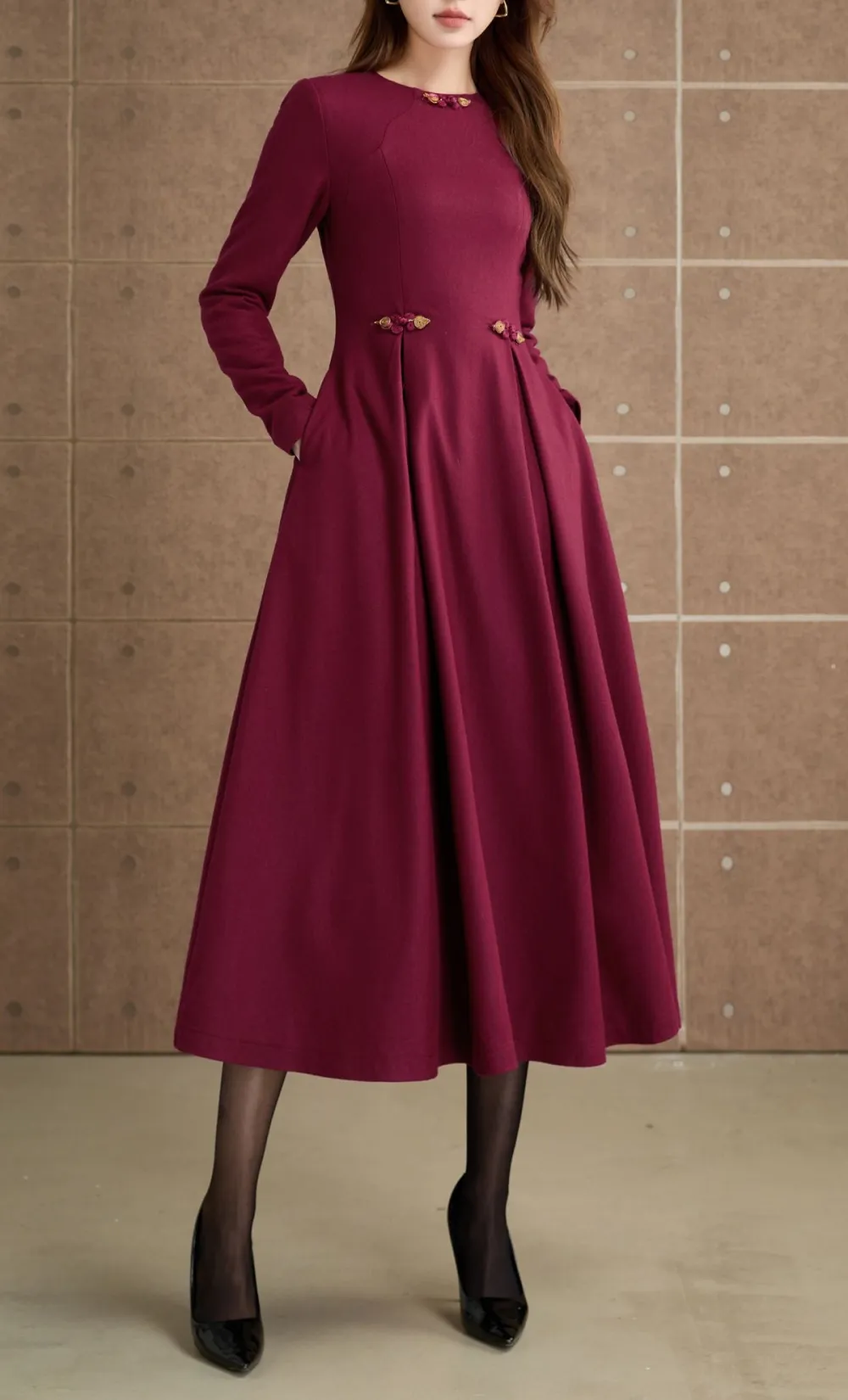 Elevated Wool Blend Fit And Flare Long Sleeve Midi Dress
