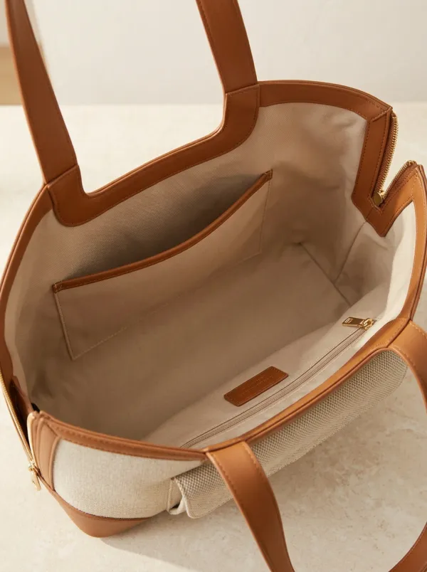 Contrast Panel Canvas Leather-Look Trimmed Tote Bag