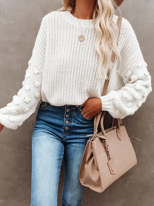 Openwork Round Neck Long Sleeve Relaxed Fit Pullover Sweater