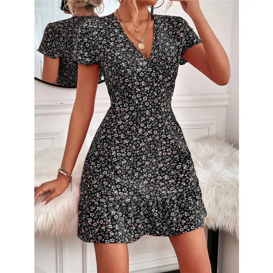 Ruffled Hem V-Neck Short Sleeve Mini Dress