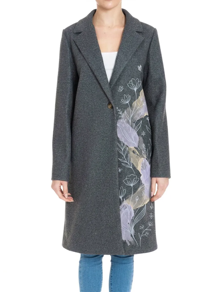Women's Floral Botanical Watercolor Printed Wool Coat