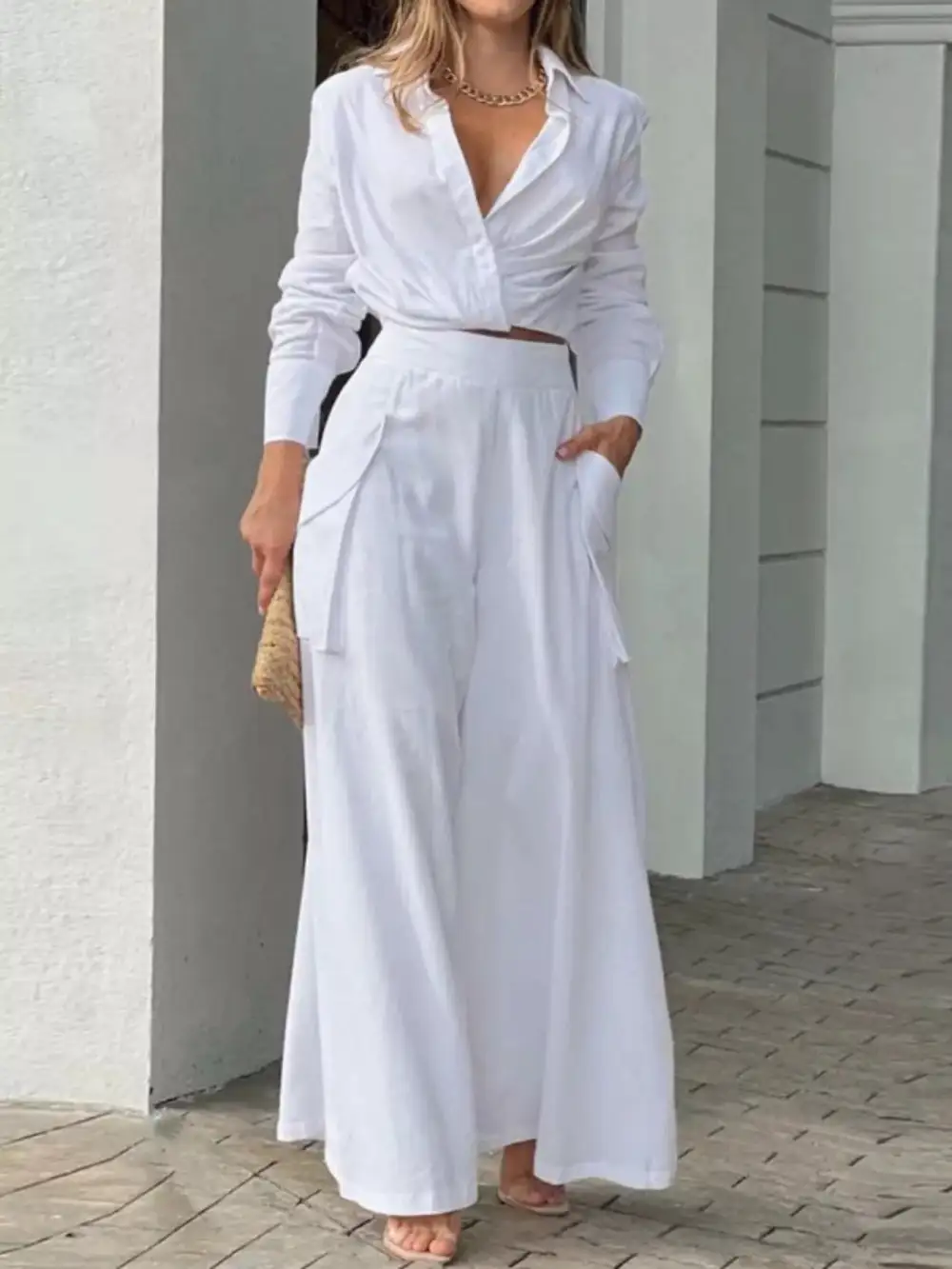 Long Sleeve Shirt and Wide Leg Pants Set