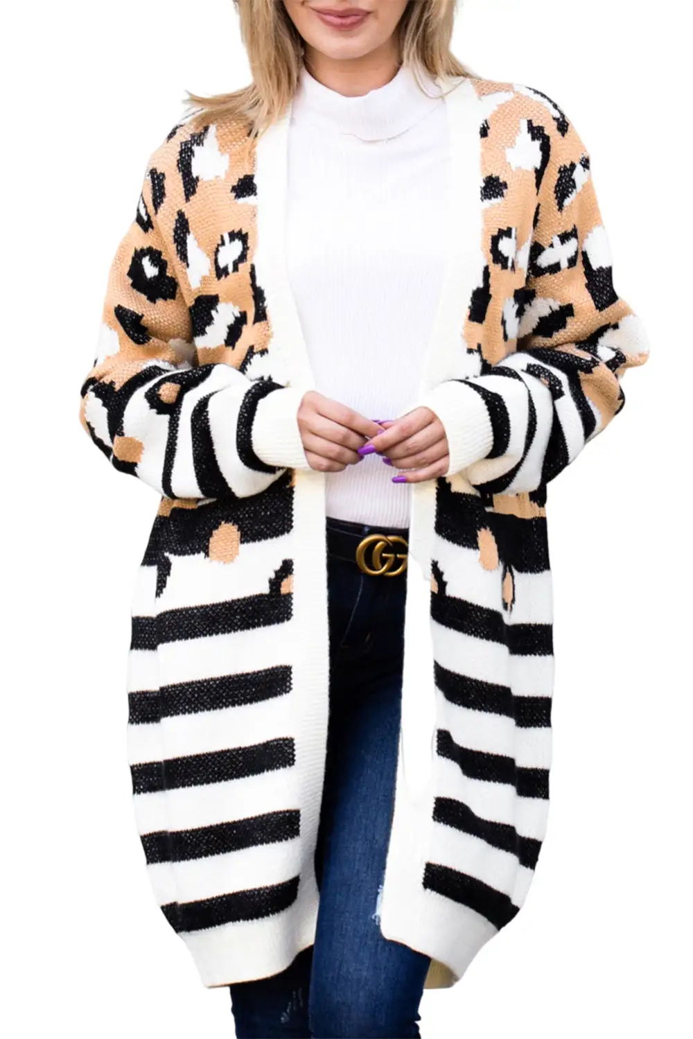 Leopard Striped Open Front Cardigan