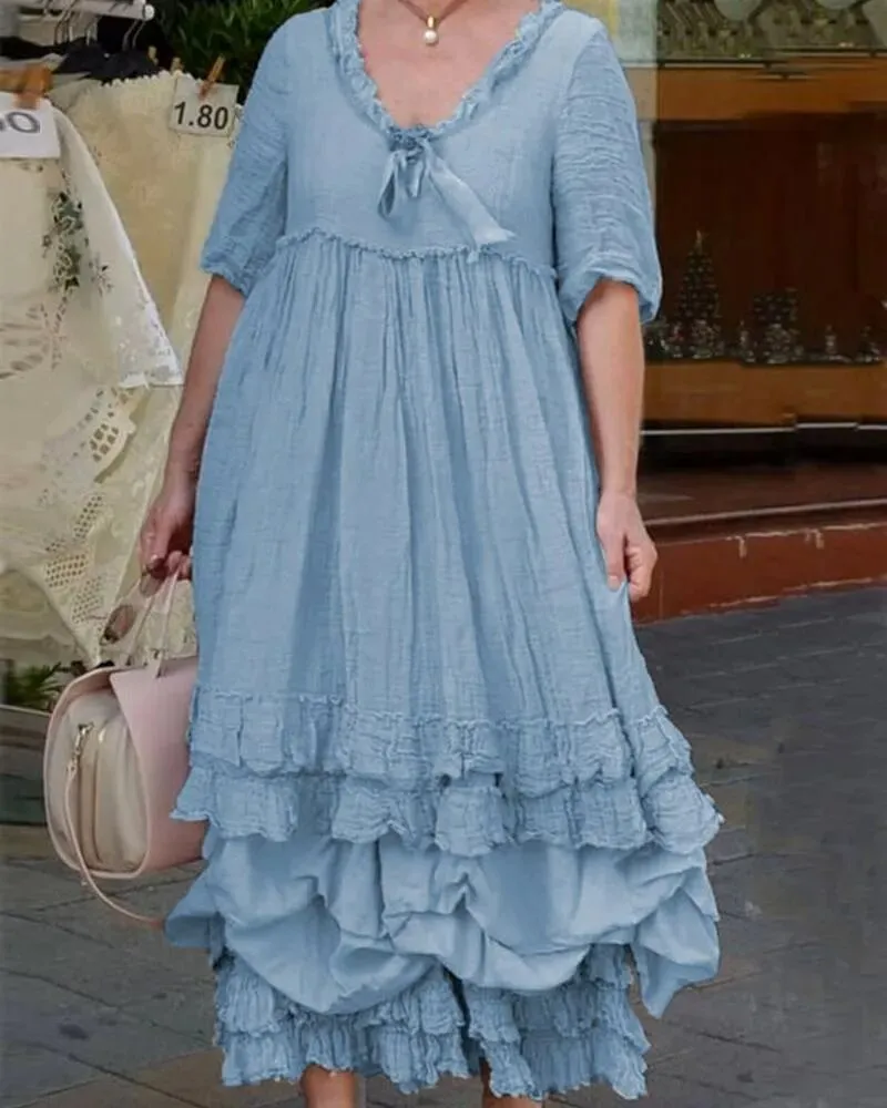 Lace Wrinkle Round Neck Short Sleeve Dress