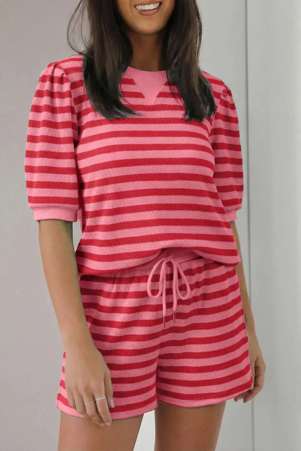 Textured Striped Round Neck Top Shorts Set