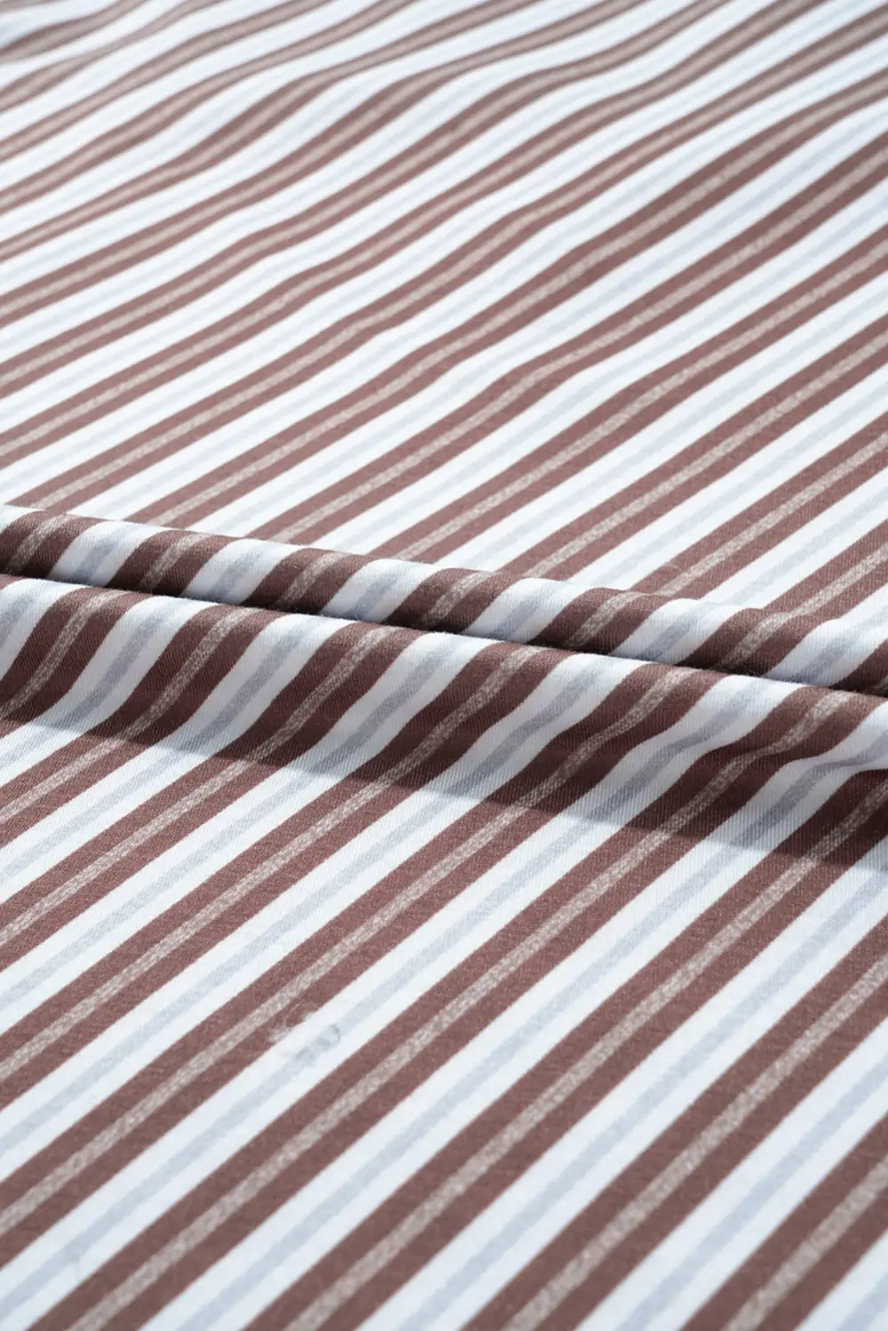 Chestnut Striped Stand V Neck Short Sleeve Blouse