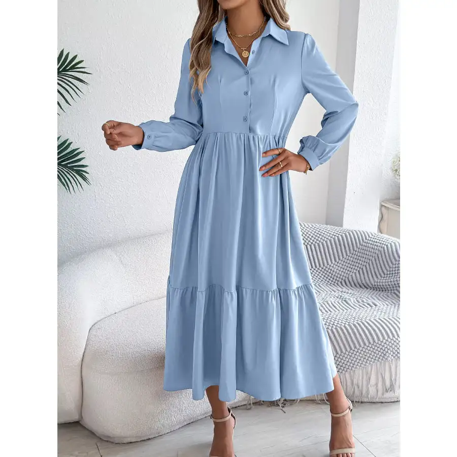 Long Sleeve Tiered Button Front Midi Dress