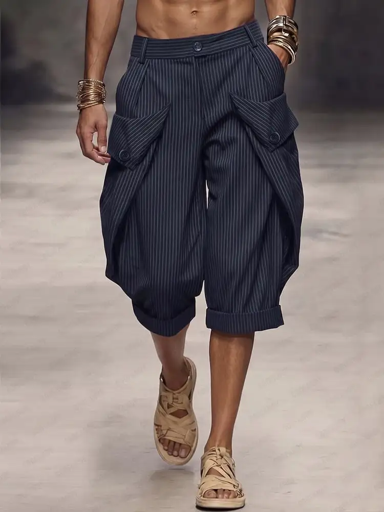 Men's Casual Pinstripe Rolled Hem Cargo Shorts