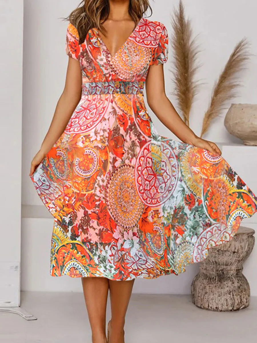 V-neck Cotton Floral Print Midi Dress