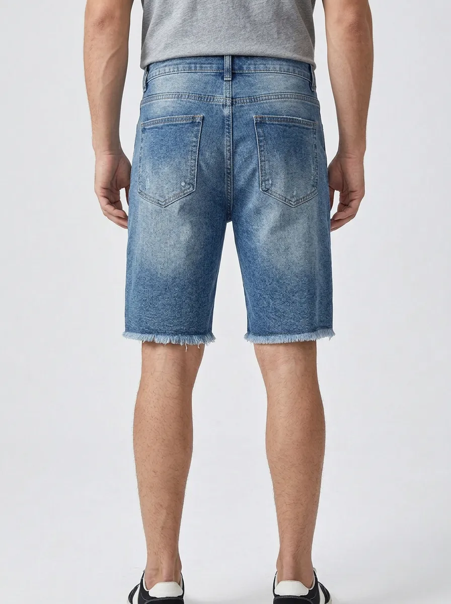 Mobility-Focused Distressed Raw Hem Classic Look Men's Distressed Raw Hem Denim Shorts