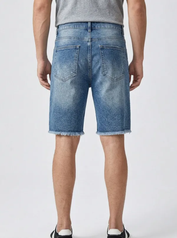 Mobility-Focused Distressed Raw Hem Classic Look Men's Distressed Raw Hem Denim Shorts