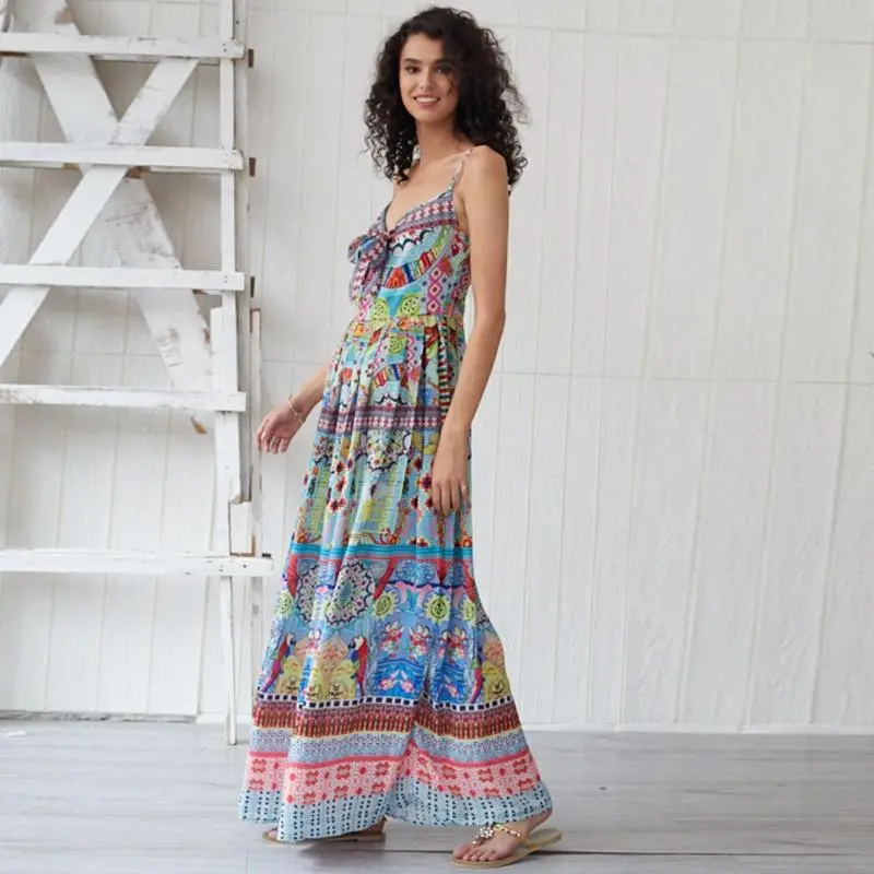 Bohemian Cartoon Printed Strap Maxi V Neck Vintage Chic Summer Beach Casual Ladies Sexy Dress