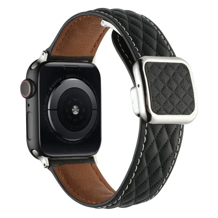 Rhombus Pattern Magnetic Square Buckle Leather Watch Band for Watch Series 2 38 mm - Black