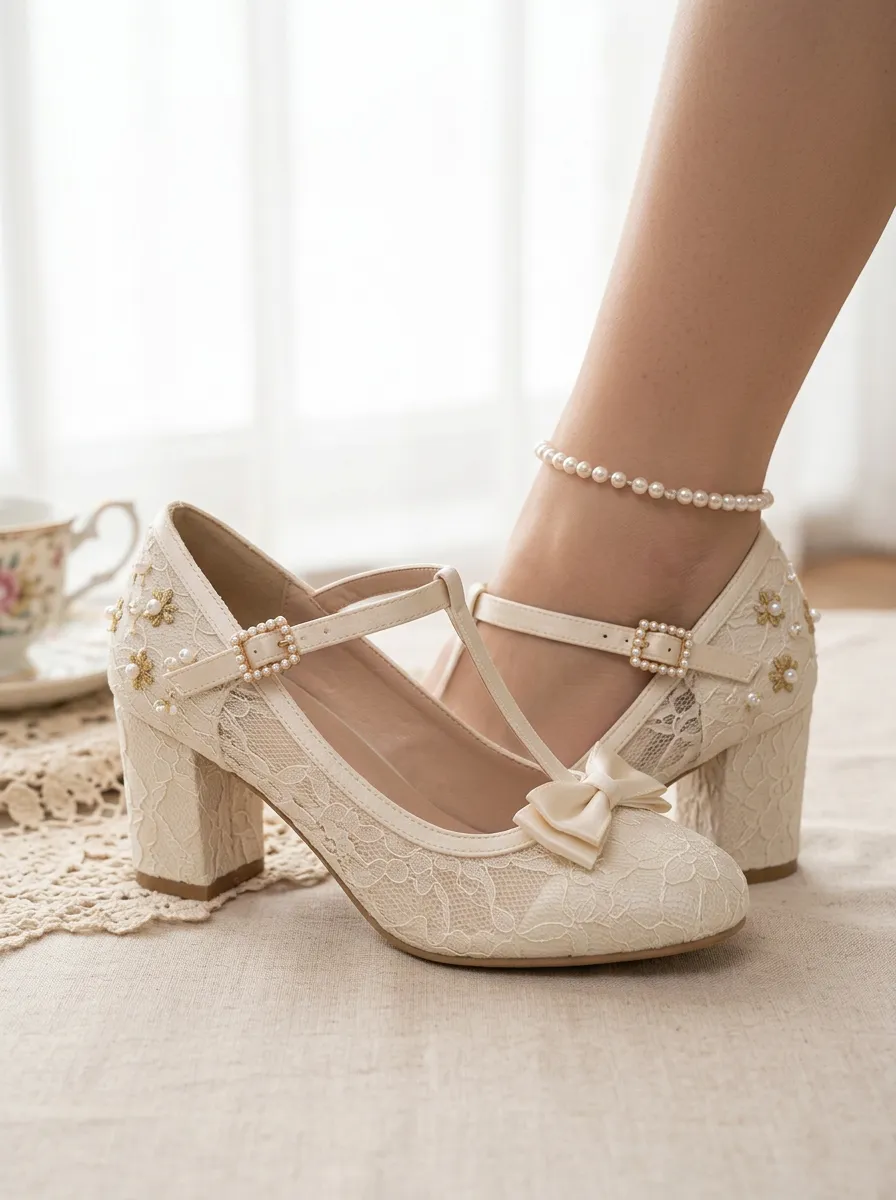 T-Strap Block Heel Lace Pearl Women's Bavarian Occasion Heels
