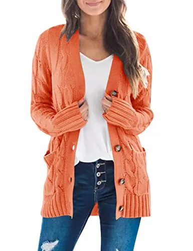 Women's Long Sleeve Cable Knit Sweater Open Front Cardigan Button Loose Outerwear