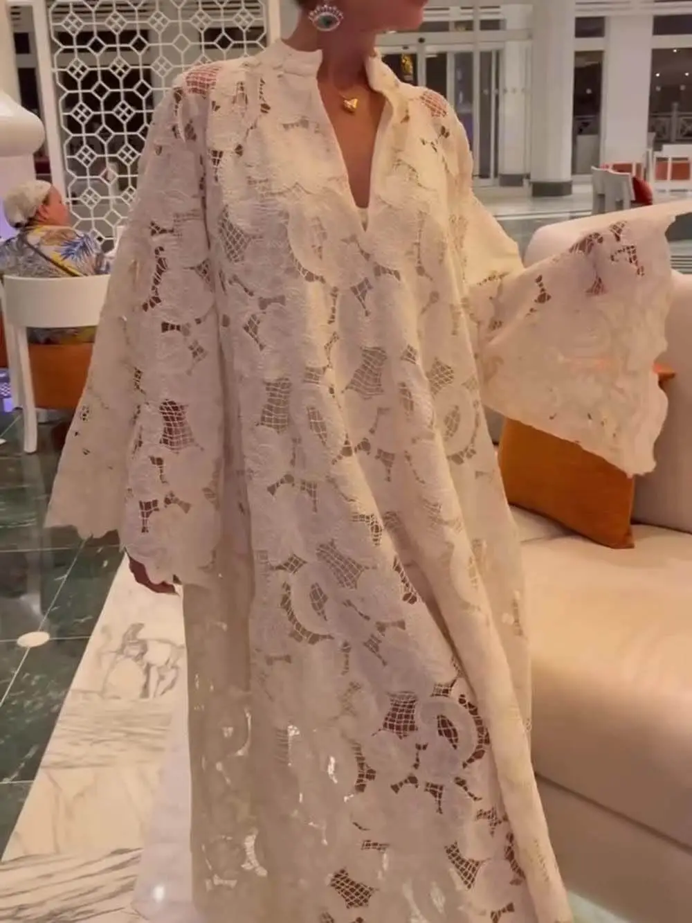 Casual Sleeve Lace V Maxi Dress