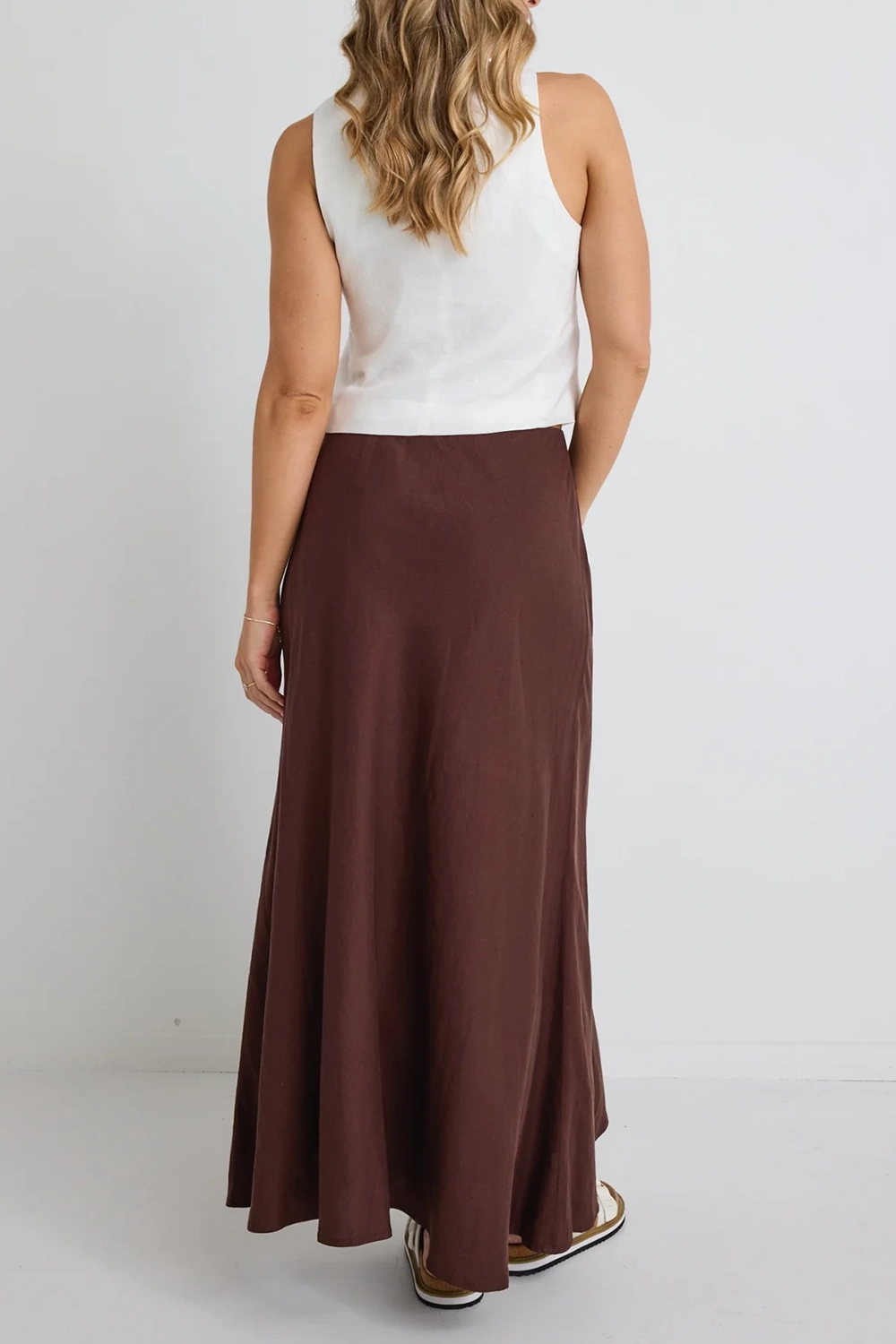 Brown Solid Color Midi Skirt