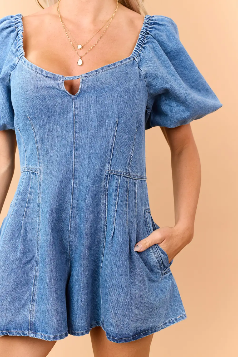Wash Denim Bubble Sleeve Pleated Romper