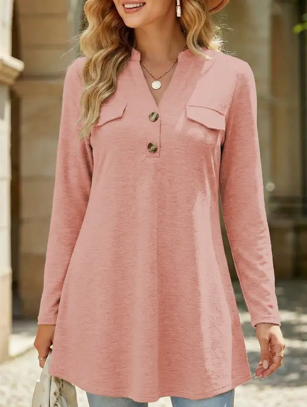 V Neck Button Long Sleeve Tee