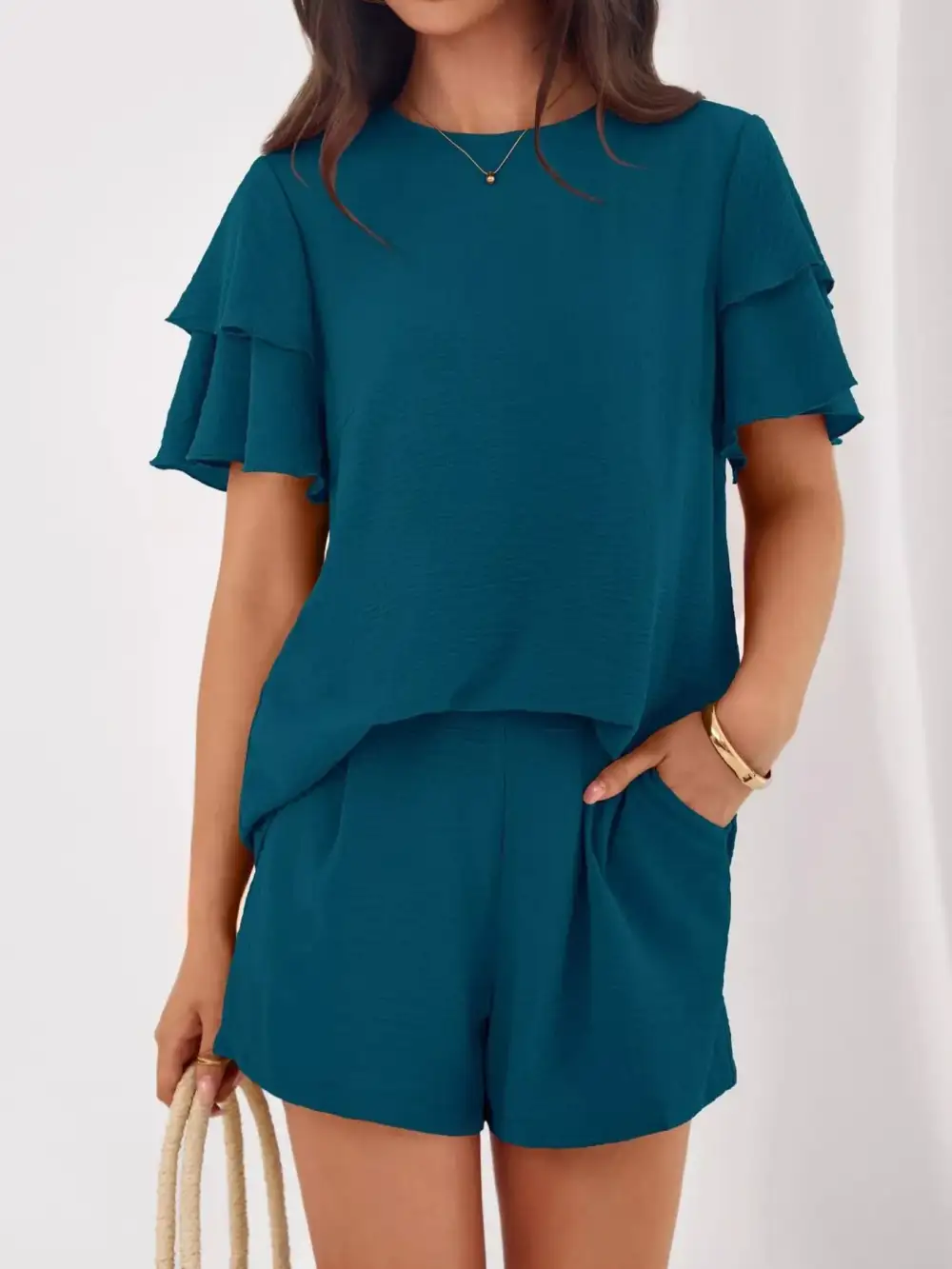 Ruffle Sleeve Top and Shorts Two-piece Set