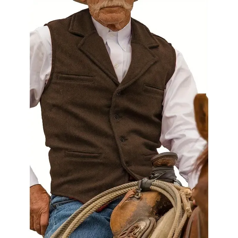 Men's Tweed Cowboy Vests Hunting Fishing Wool Herringbone