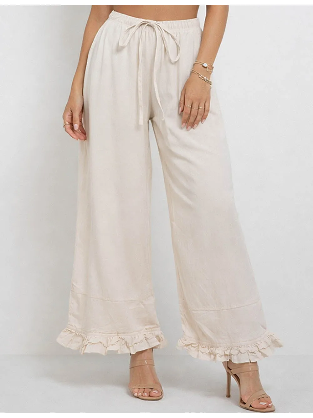 Elastic Waist Drawstring Ruffle Hem Wide Leg Pants