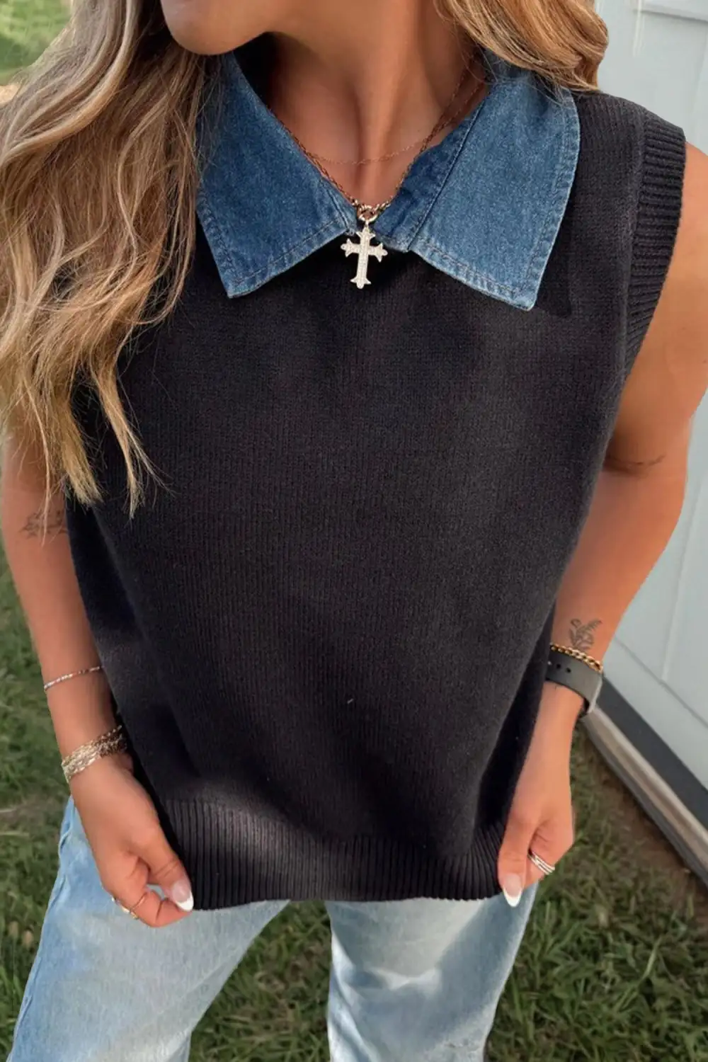 Knit Contrast Denim Patchwork Collar Sweater Vest