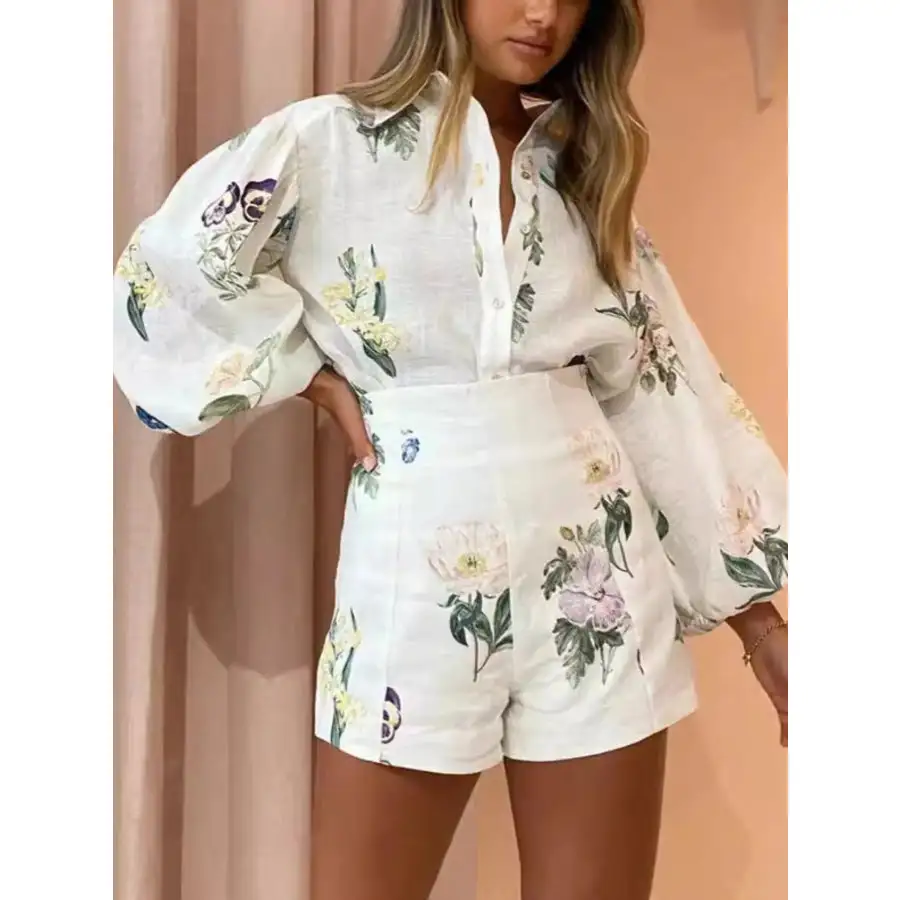 Printed Balloon Sleeve Top and Shorts Set