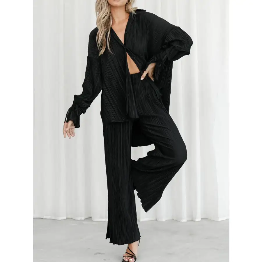Button Up Long Sleeve Top and Pants Set