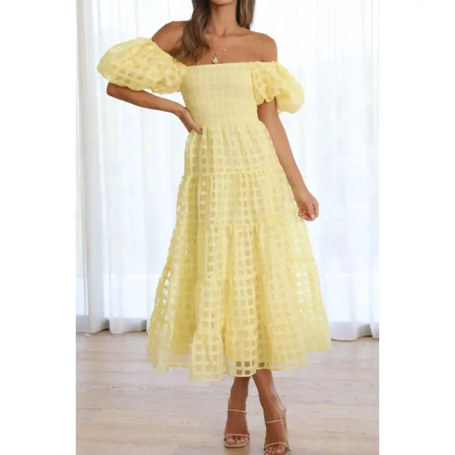 Off Shoulder Short Puff Sleeve Midi Dress
