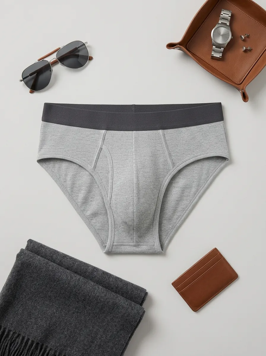 Men's Grey Ribbed Cotton Elastic Waistband Briefs