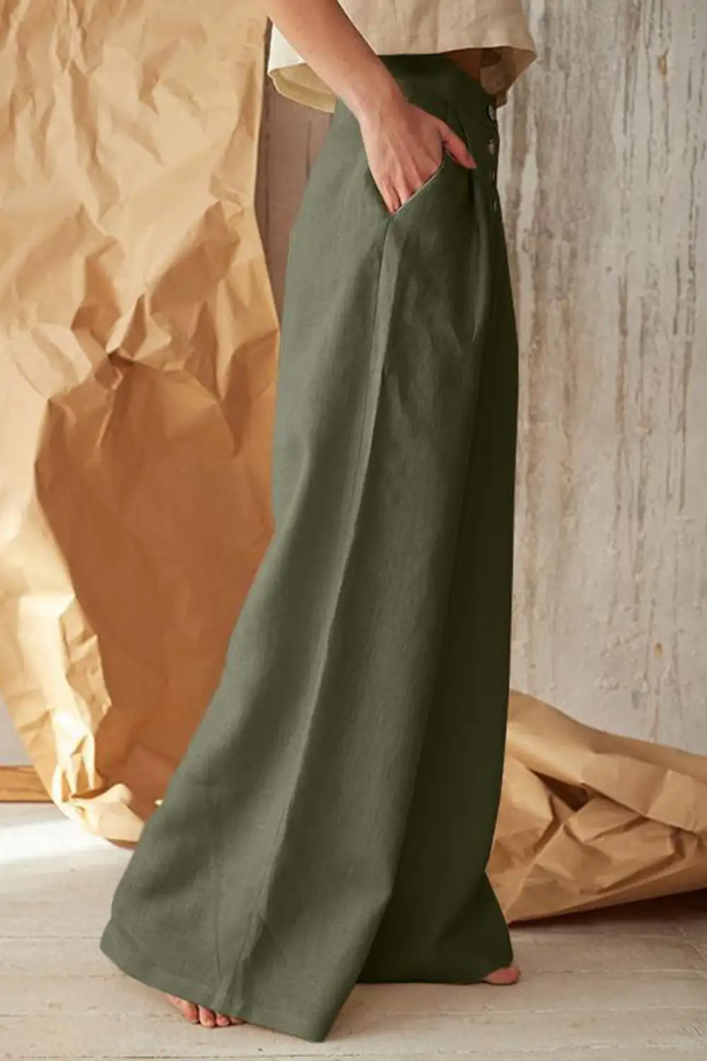 Front Button Wide Leg Cotton Linen Pants