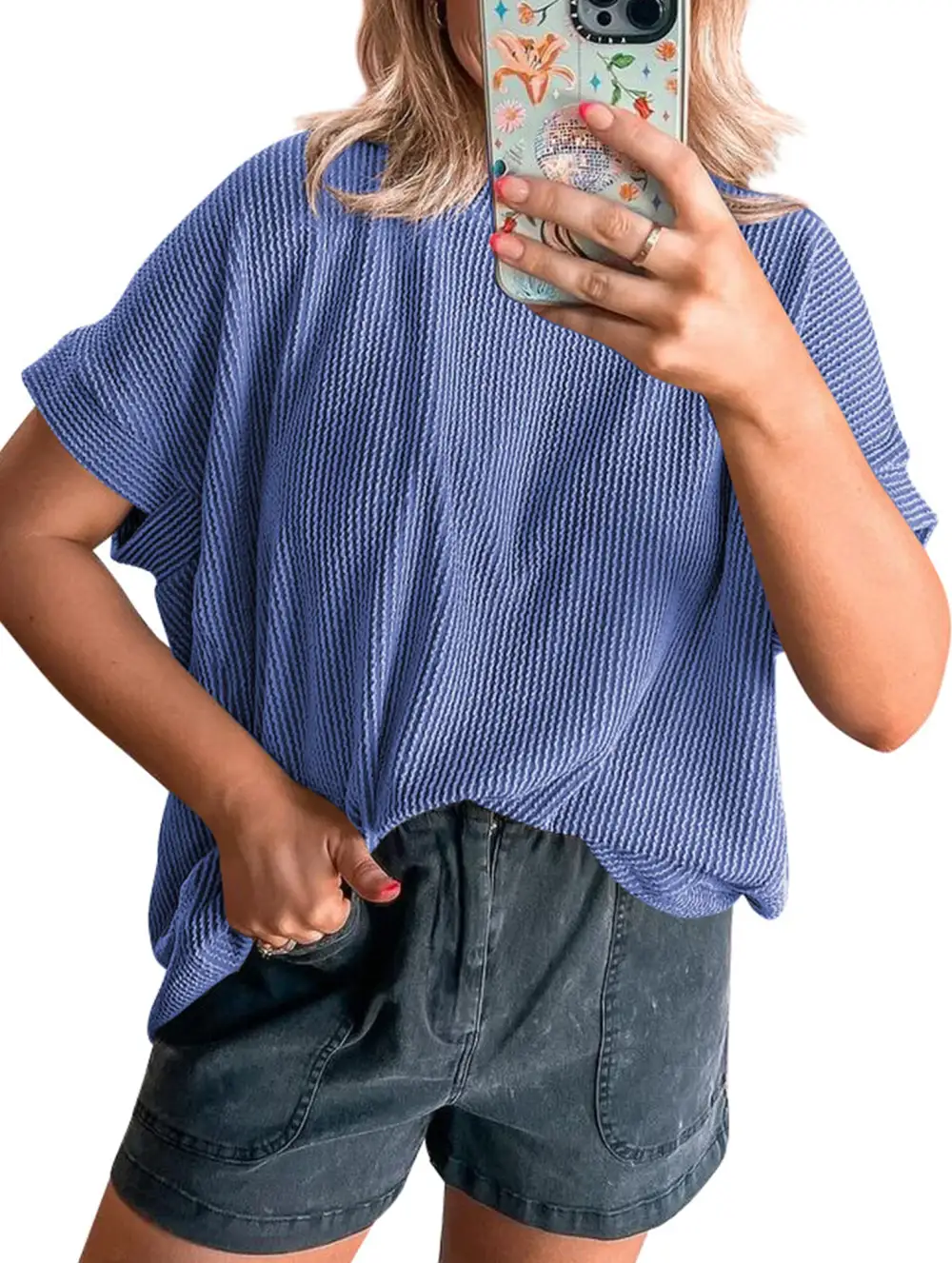 Ribbed Knit Crew Neck Tee