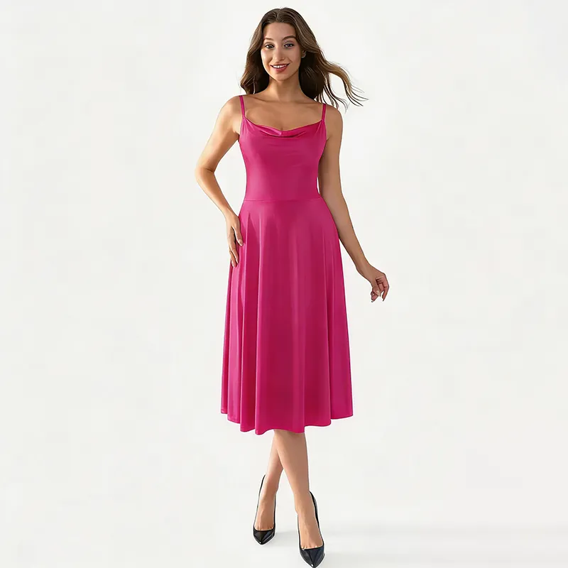Satin Midi Slip Dress with Cowl Neck and Flared Hem