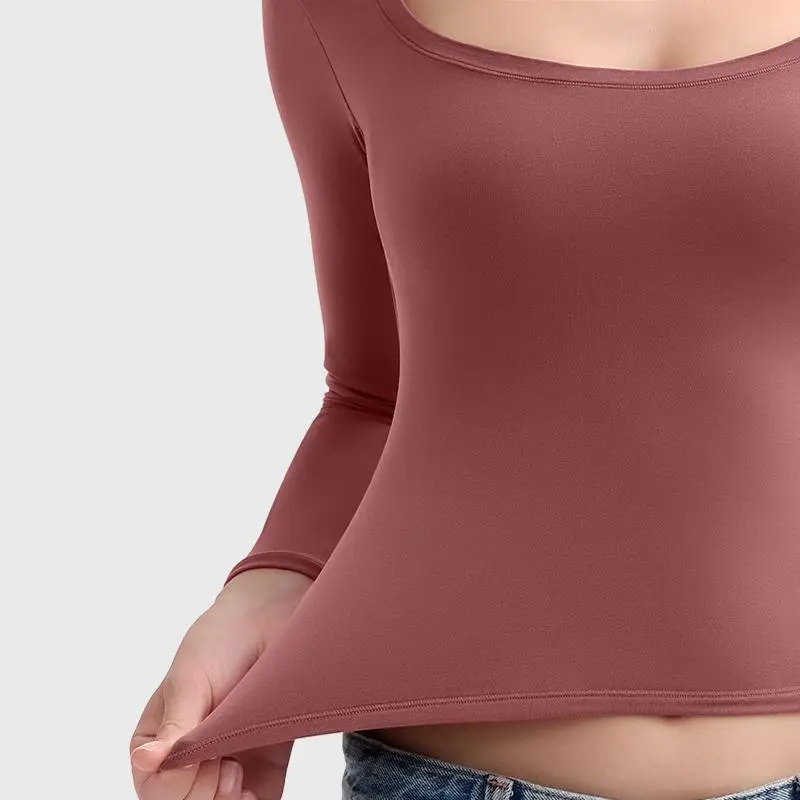 Women‘s Scoop Neck Long Sleeve Top Double Layer Slimfit Fall Outfits