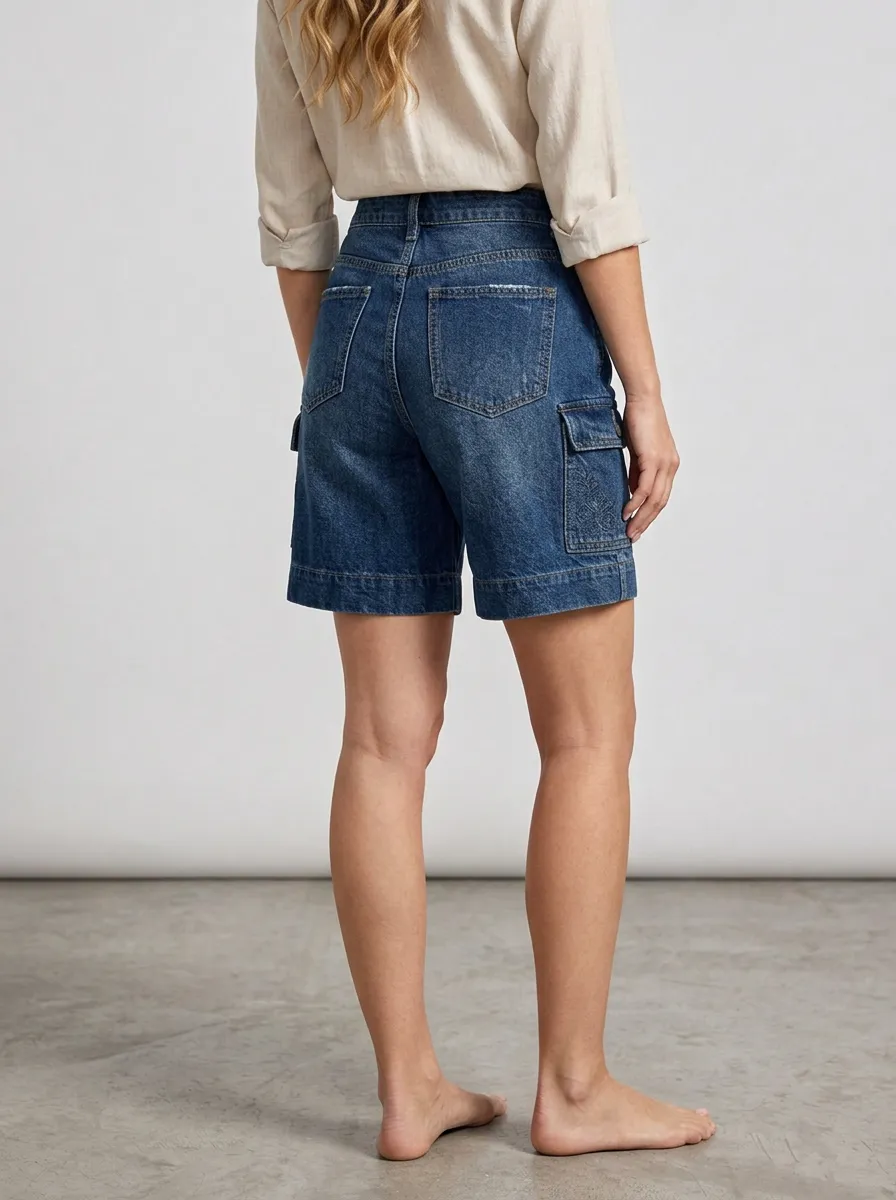 Women's Casual Floral Embroidered Cargo Denim Shorts