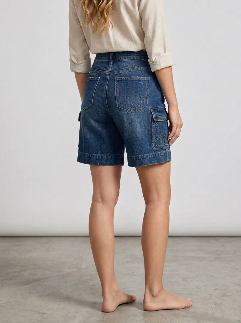 Women's Casual Floral Embroidered Cargo Denim Shorts