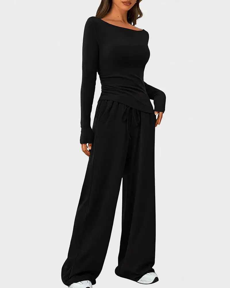 Asymmetrical Long Sleeve Top and Wide Leg Pants Lounge Set