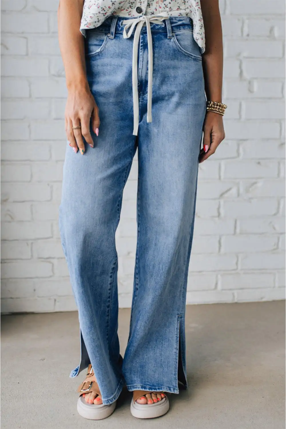 Slit Leg High Rise Drawstring Casual Jeans