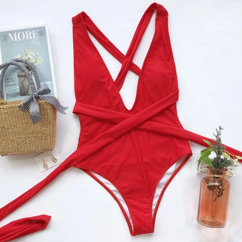 Halter Neck Deep V Tied One Swimsuit